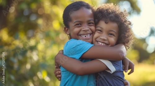 Cute happy african american siblings hugging