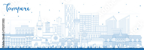 Outline Tampere Finland city skyline with blue buildings. Tampere cityscape with landmarks. Business travel and tourism concept with modern and historic architecture.