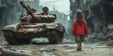 Little girl walking in front of destroyed military tank. Selective focus.