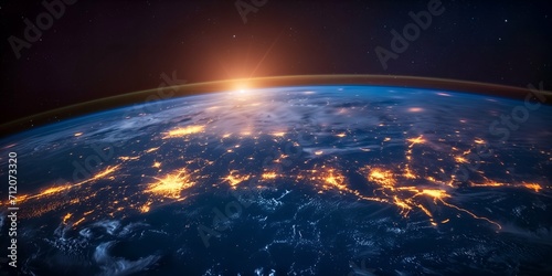 Earth from space showing realistic planet surface and visible city lights. 3D illustration.