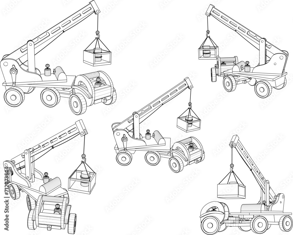 Vector sketch illustration of wooden children's toy heavy equipment excavator car design