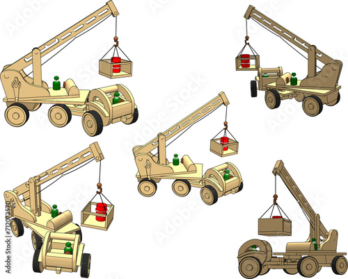 Vector sketch illustration of wooden children's toy heavy equipment excavator car design