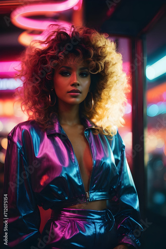 Retro 1985 Portrait of a Young Woman with Big Hair Out in a Silk Blouse Neon Generative AI
