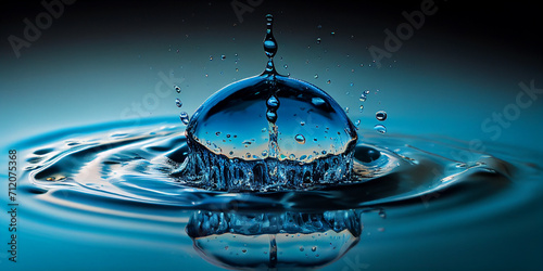 Water droplet falling and splashing on blue background. Macro nature photo