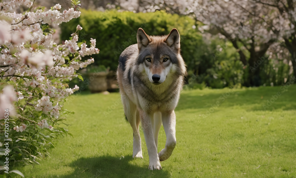 wolf walking in a garden with blossoms