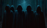 mysterious figures in hooded cloaks in darkness 