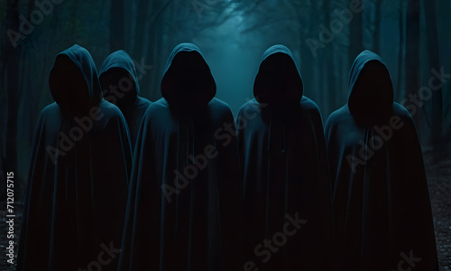 mysterious figures in hooded cloaks in darkness  photo