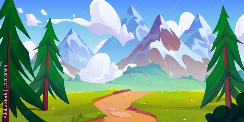 Curve foot path from forest with green pines to rocky mountains. Cartoon vector summer sunny landscape of walkway in meadow with grass and trees. Grassland natural panoramic with soil road to hills.