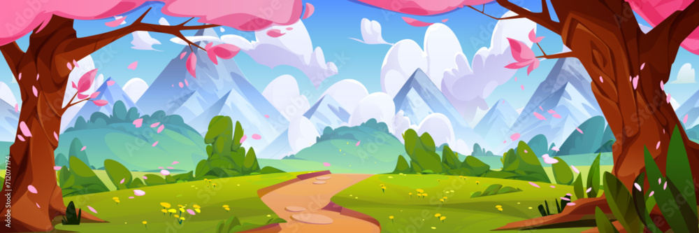 Spring mountain valley with pink sakura trees. Vector cartoon illustration of beautiful summer scenery, footpath between cherry blossom, petals flying in air, flowers in green grass, travel background
