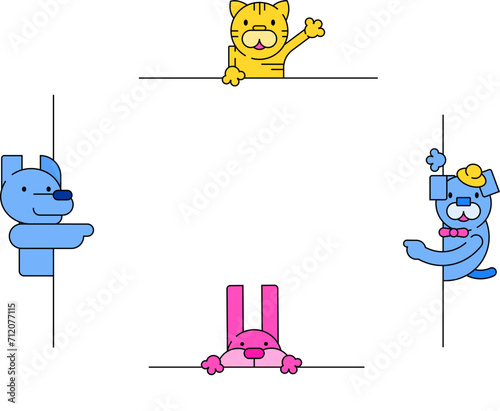 Cute animals cartoon characters peeping. Yellow cat, blue dogs, pink rabbit looking around corners. Playful peekaboo pets vector illustration.