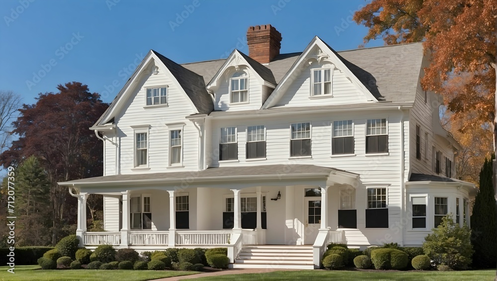 early 20th century white clapboard center entry colonial mansion with dormers with gable roofs. generative AI