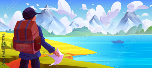Male tourist with map looking at mountain lake. Vector cartoon illustration of young man with backpack standing near river, admiring beautiful scenery with rocky peaks, green hills, boat on water