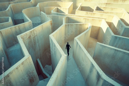 person navigating a maze or labyrinth, symbolizing problem-solving and strategy A person stuck in a maze trying to think of a way out . A businessman navigating through a maze
