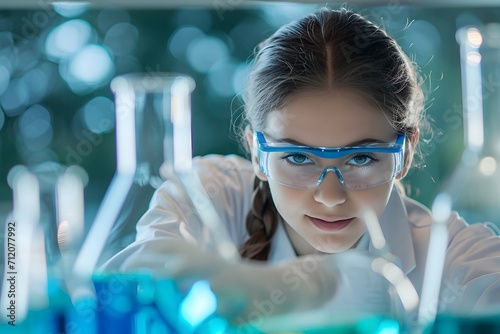 A young girl in a lab coat and safety glasses conducts experiments, representing the empowerment of women in science