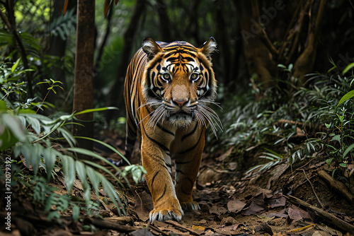 Sunda Island Tiger in a regal and majestic pose, amidst dense jungle foliage. © Digitalphoto 4U