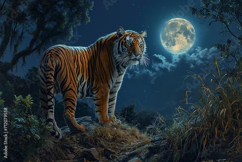  Sunda Island Tiger in amidst dense jungle foliage. photo