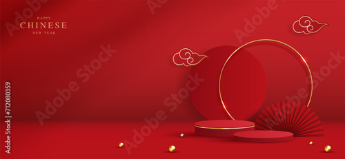 Canvas Print Podium stage chinese style for chinese new year and festivals or mid autumn festival with red background