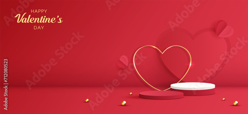 Happy valentines day and stage podium decorated with heart shape. pedestal scene with for product, cosmetic, advertising, show, award ceremony, on red background and light. vector design.