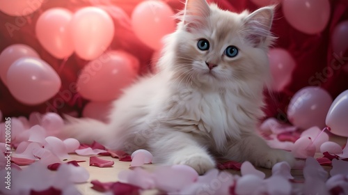Adorable kitten surrounded by cascading rose petals