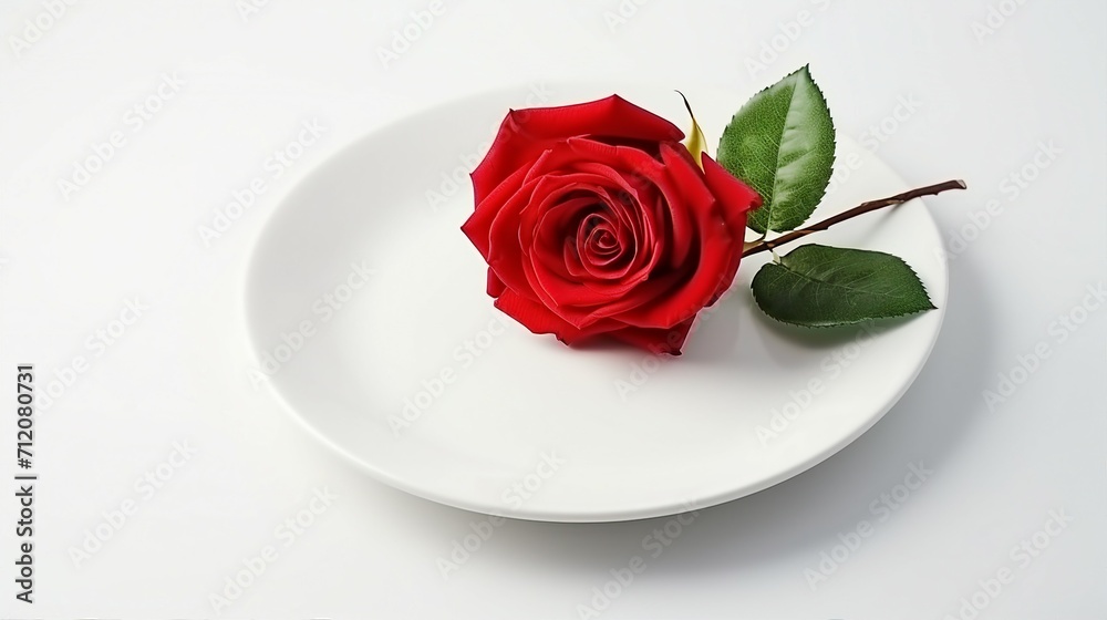 Captivating Valentines Day Dinner Scene with a Red Rose on a White Dish - Perfect Romantic Meal Isolated on a Background with Copy-Space for Your Love Messages and Promotional Content Captivating Valentines Day Dinner Scene with a Red Rose on a White Dish - Perfect Romantic Meal Isolated on a Background with Copy-Space for Your Love Messages and Promotional Content