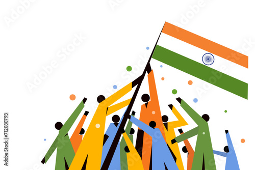Illustration of a group of people holding the Indian tricolour flag together
