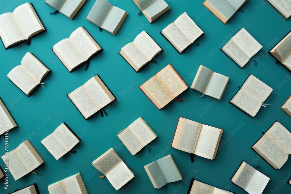 One page books on blue background. Overhead view. One page books on blue background. Overhead view.