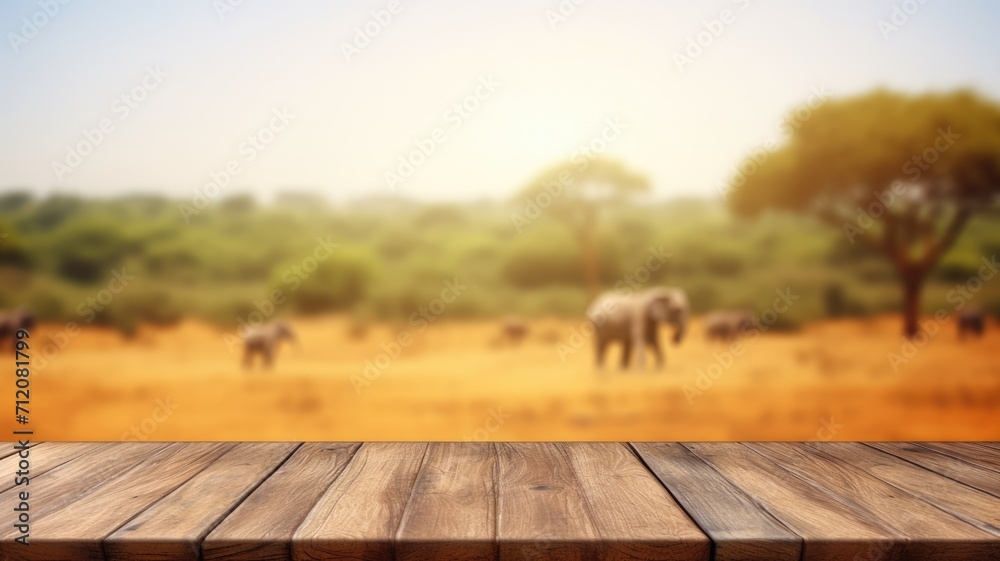 The empty wooden brown table top with blur background of Savanna Safari. Exuberant image. generative AI - obrazy, fototapety, plakaty 