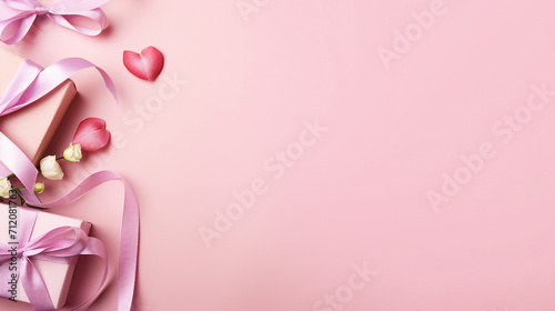 Romantic Flat Lay Composition for Valentines Day  Heart-Shaped Ribbon  Gift Boxes  and Rose Flowers on Pink Background  Perfect for Greeting Cards and Love-Themed Promotional Content.