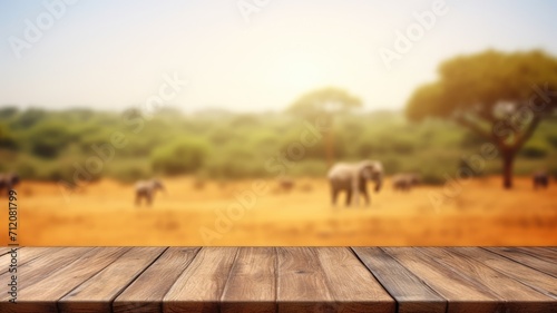 The empty wooden brown table top with blur background of Savanna Safari. Exuberant image. generative AI photo