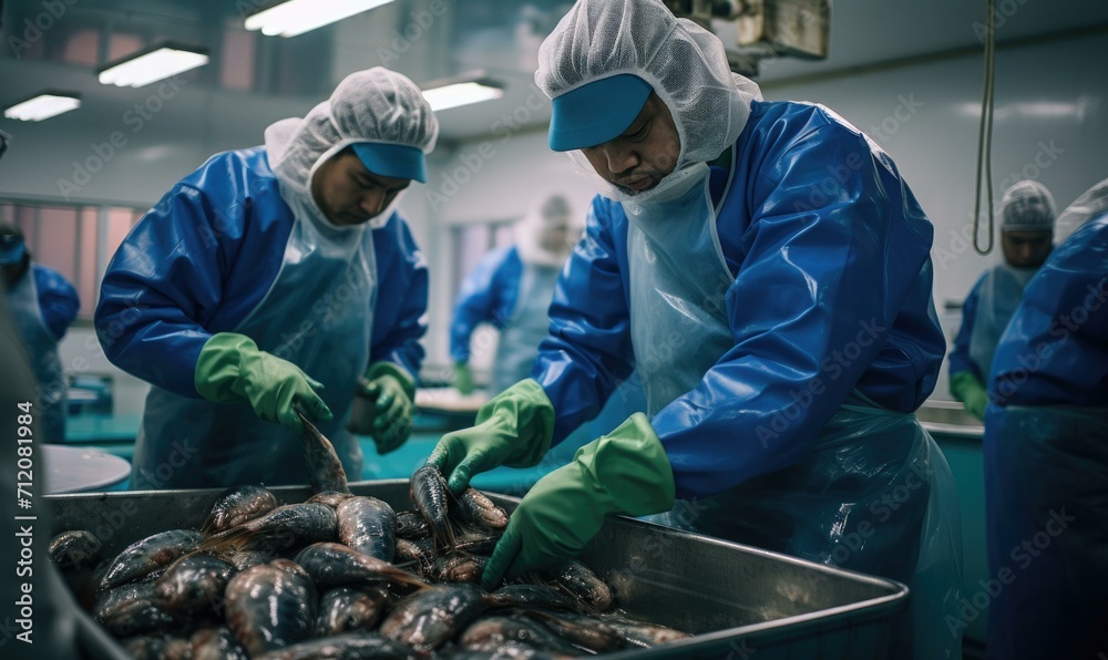 Two workers in blue overalls and gloves are preparing fish. Generative AI. Two workers in blue overalls and gloves are preparing fish. Generative AI.