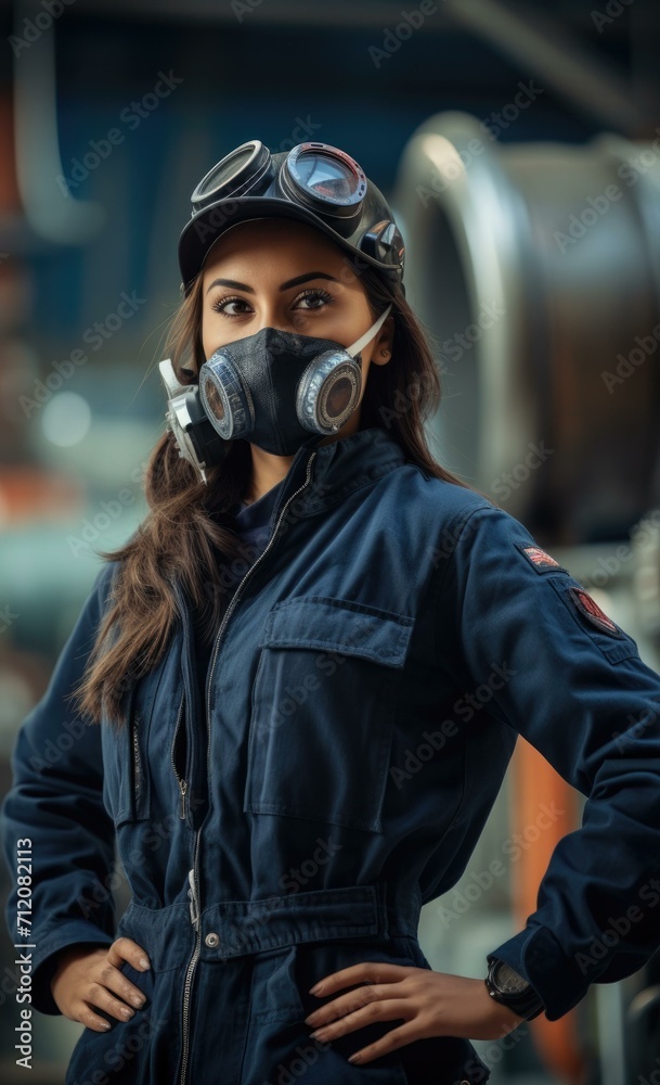 Portrait of a female industrial worker wearing a protective mask and goggles. Generative AI. Portrait of a female industrial worker wearing a protective mask and goggles. Generative AI.