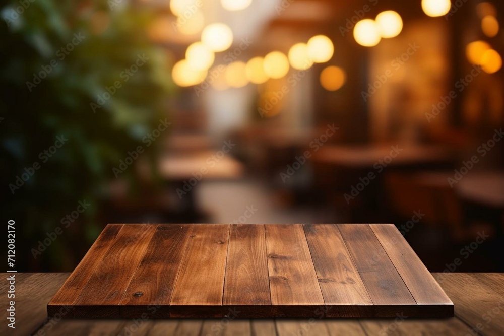 Wooden board on blurred background, brown table in coffee shop. Generative AI