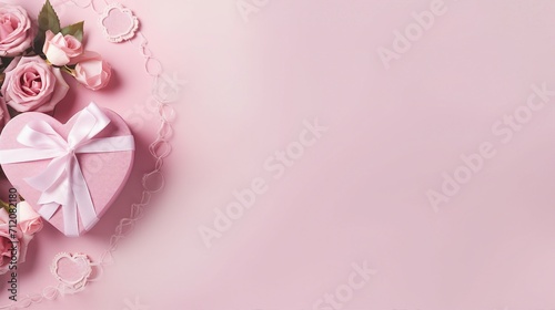 Romantic Flat Lay Composition for Valentines Day: Heart-Shaped Ribbon, Gift Boxes, and Rose Flowers on Pink Background, Perfect for Greeting Cards and Love-Themed Promotional Content. © sunanta