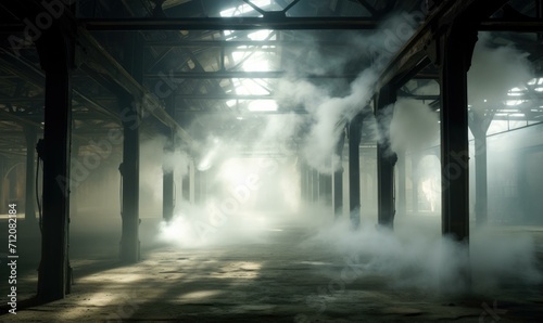 An empty warehouse with smoke coming out of the ceiling. Generative AI.