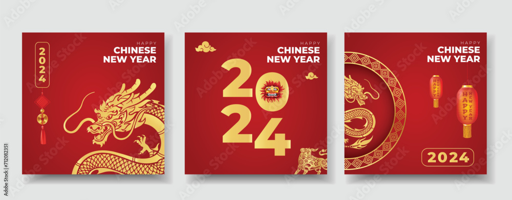 Happy Chinese New Year 2024 Post Template Collection. Lunar New Year Modern and Elegant Flyer and Greeting Card Design with Text and Dragon Vector Illustration