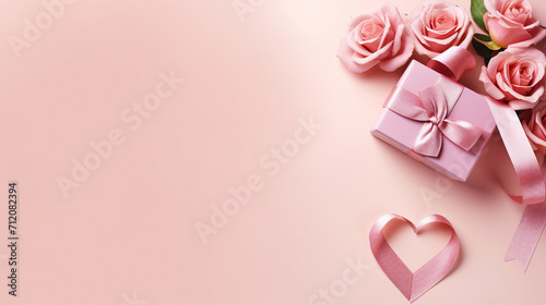 Romantic Flat Lay Composition for Valentines Day: Heart-Shaped Ribbon, Gift Boxes, and Rose Flowers on Pink Background, Perfect for Greeting Cards and Love-Themed Promotional Content. © sunanta