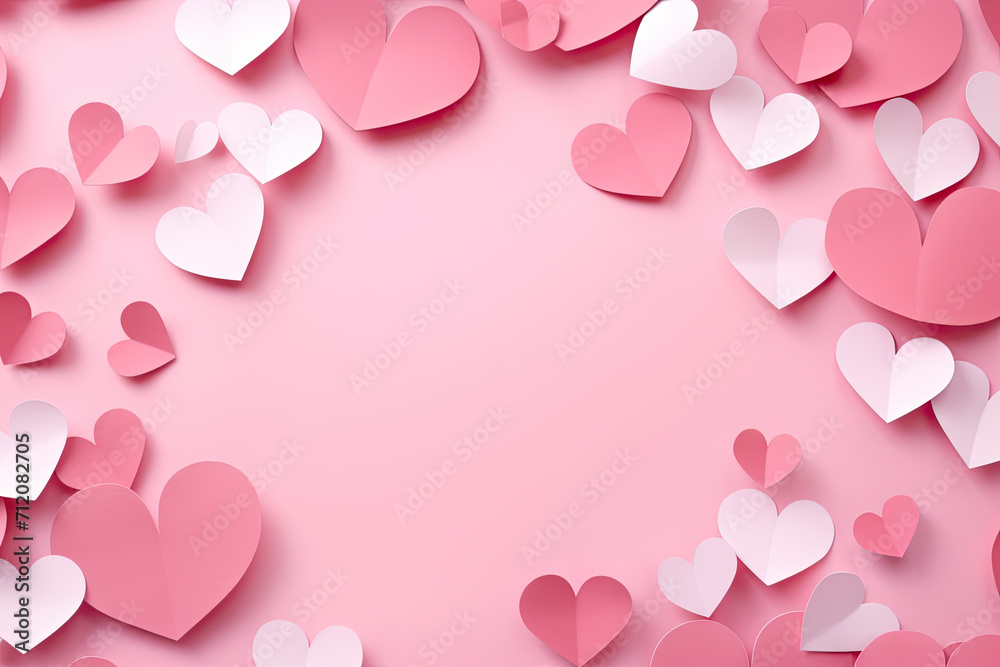 Paper hearts over the pink pastel background. Abstract background with paper cut shapes. Sainte Valentine, mother's day, birthday greeting cards, invitation, celebration concept Paper hearts over the pink pastel background. Abstract background with paper cut shapes. Sainte Valentine, mother's day, birthday greeting cards, invitation, celebration concept
