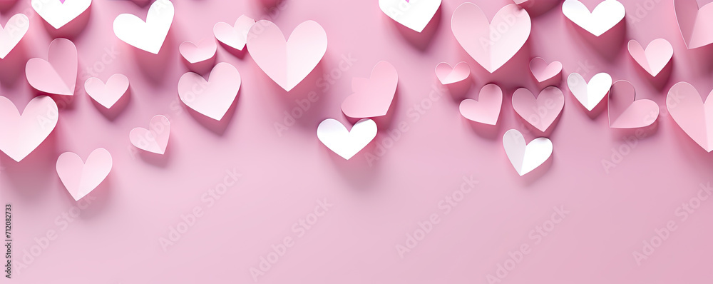 Paper hearts over the pink pastel background. Abstract background with paper cut shapes. Sainte Valentine, mother's day, birthday greeting cards, invitation, celebration concept