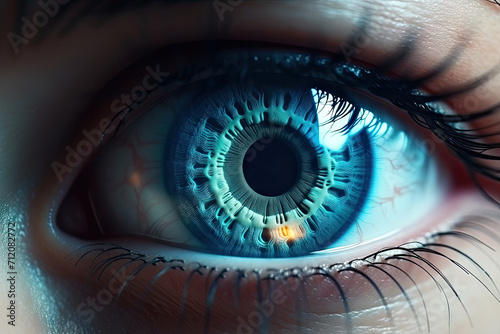 perfect blue eye macro in a sterile environment and perfect vision in resolution, concept, the vision of the future and healthy life concept. view precise and straight to the target.