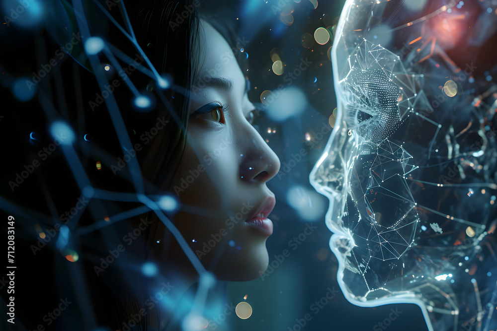 Artificial intelligence connecting interaction with human, chat bot software or virtual assistant, big data and transfer protocol system, Neuralink with smart brain. Artificial intelligence connecting interaction with human, chat bot software or virtual assistant, big data and transfer protocol system, Neuralink with smart brain.