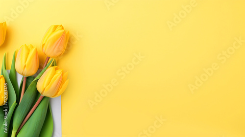 黄色いチューリップのフレーム、余白・コピースペースのある背景