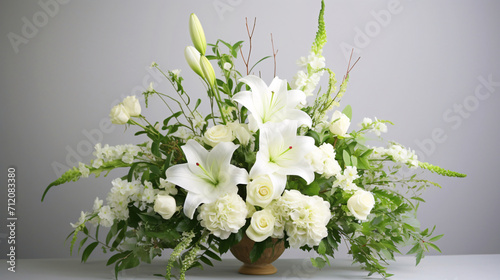 白い花のフラワーアレンジメント、ゴージャスな花束