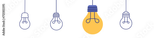 Hanging light bulbs with one glowing. Creative idea concept