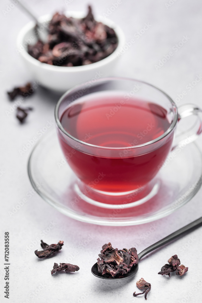 Hibiscus tea in glass mug. Hibiscus tea in glass mug.