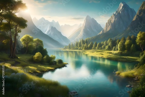 Picture a narrow river meandering through a peaceful woodland, embraced by trees and flourishing greenery. On the horizon, a majestic mountain stands 