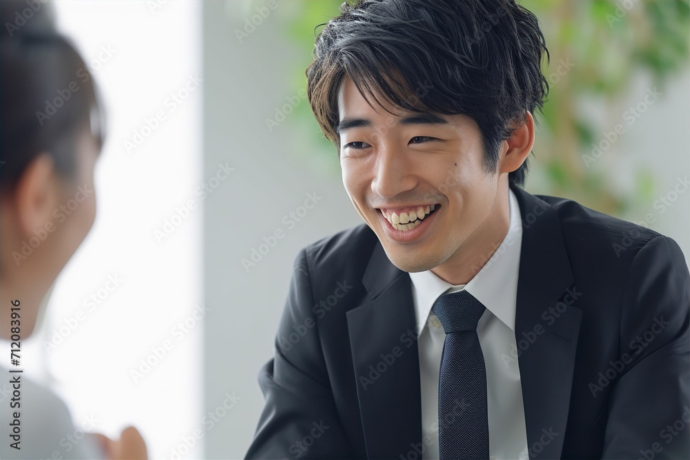 笑顔で同僚と談笑する会社員の日本人男性の会社員（商談・会議・ランチ・ビジネスマン）