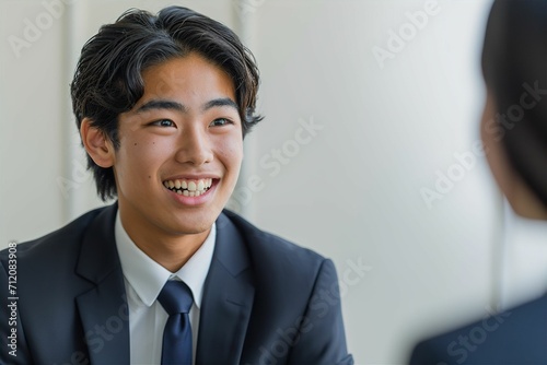 笑顔で同僚と談笑する会社員の日本人男性の会社員（商談・会議・ランチ・ビジネスマン）