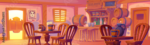 Western saloon interior design. Vector cartoon illustration of retro style bar with door and window, old wooden counter, alcohol bottles on shelf, beer mugs on tables, wanted criminal poster on wall