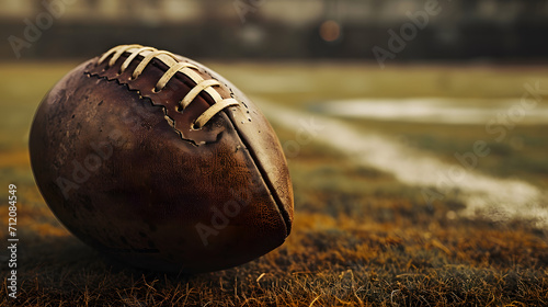 Cinematic shot of a vintage leather football on an old-school football field