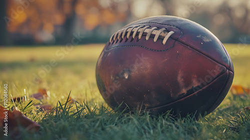 Cinematic shot of a vintage leather football on an old-school football field